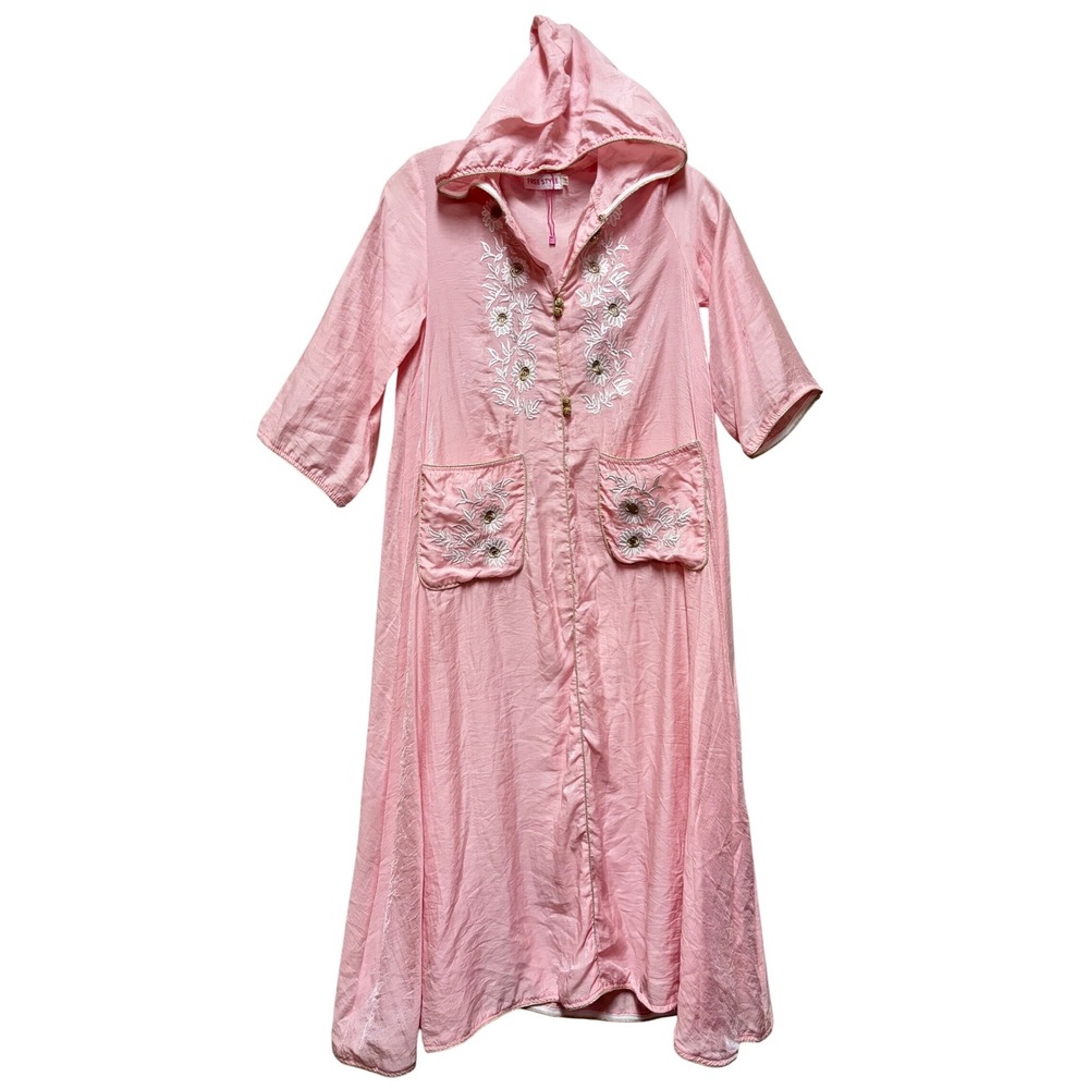 Free Style Pink Embroidered Hooded Midi Dress Gold Trim Floral Pockets Size 14